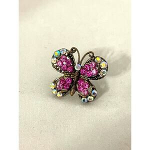 Vintage Rhinestone Butterfly Ring Fuchsia Aurora Borealis Size 7 Adjustable‎